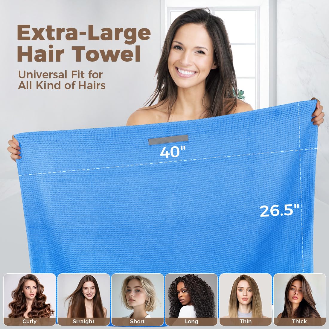 HOMEXCEL blue-pink towel on head shows secure elastic loop in action.
