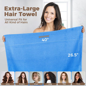 HOMEXCEL blue-pink towel on head shows secure elastic loop in action.
