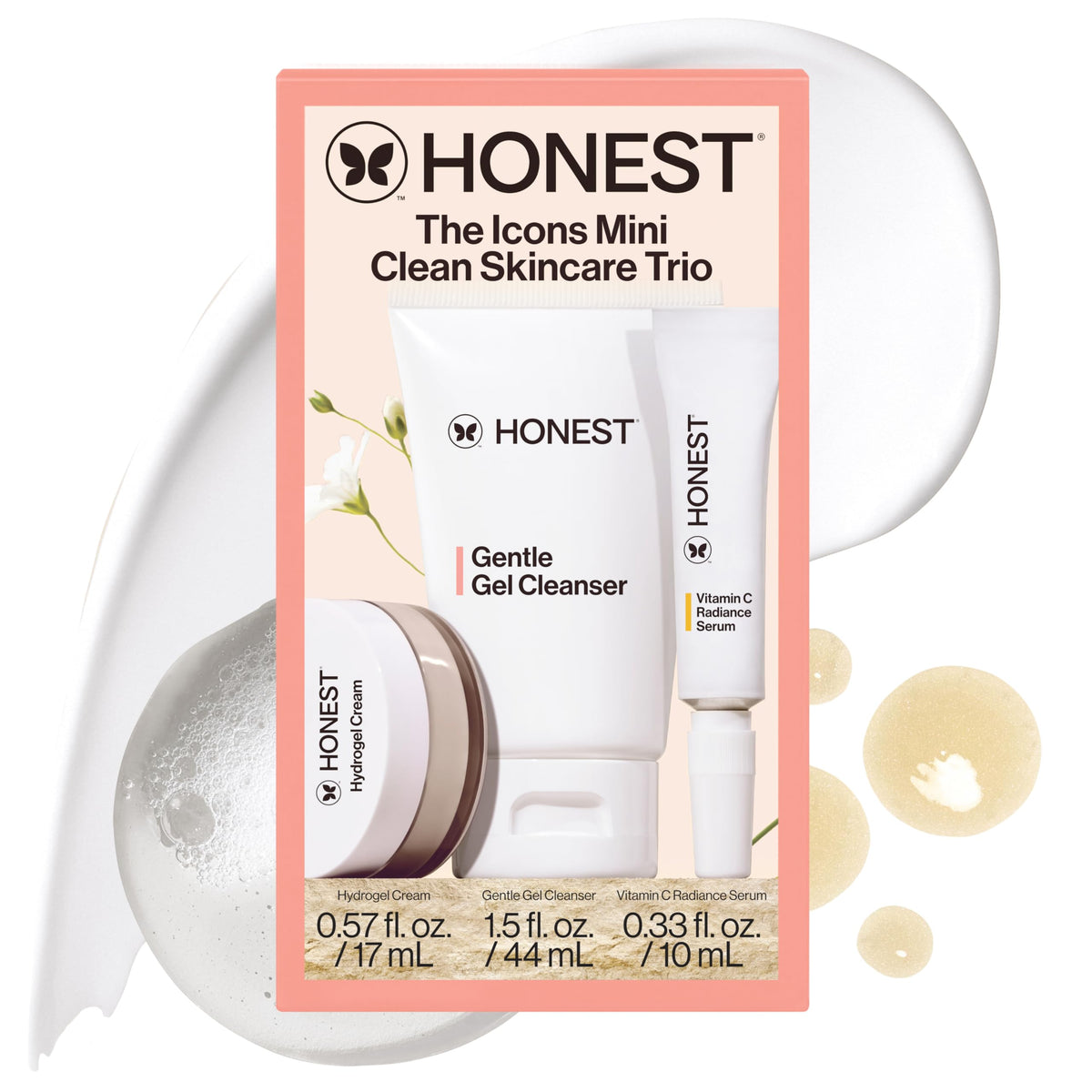 Honest Beauty Icons Travel Kit packaging shows the trio for on-the-go cleansing and hydration.