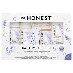 The Honest Company calming lavender bathtime gift set box for baby care.