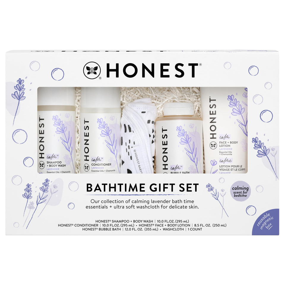 The Honest Company calming lavender bathtime gift set box for baby care.
