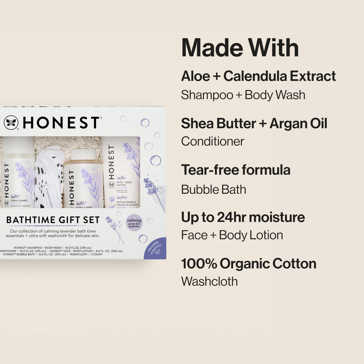 Honest lavender face and body lotion bottle for up to 24-hour hydration.