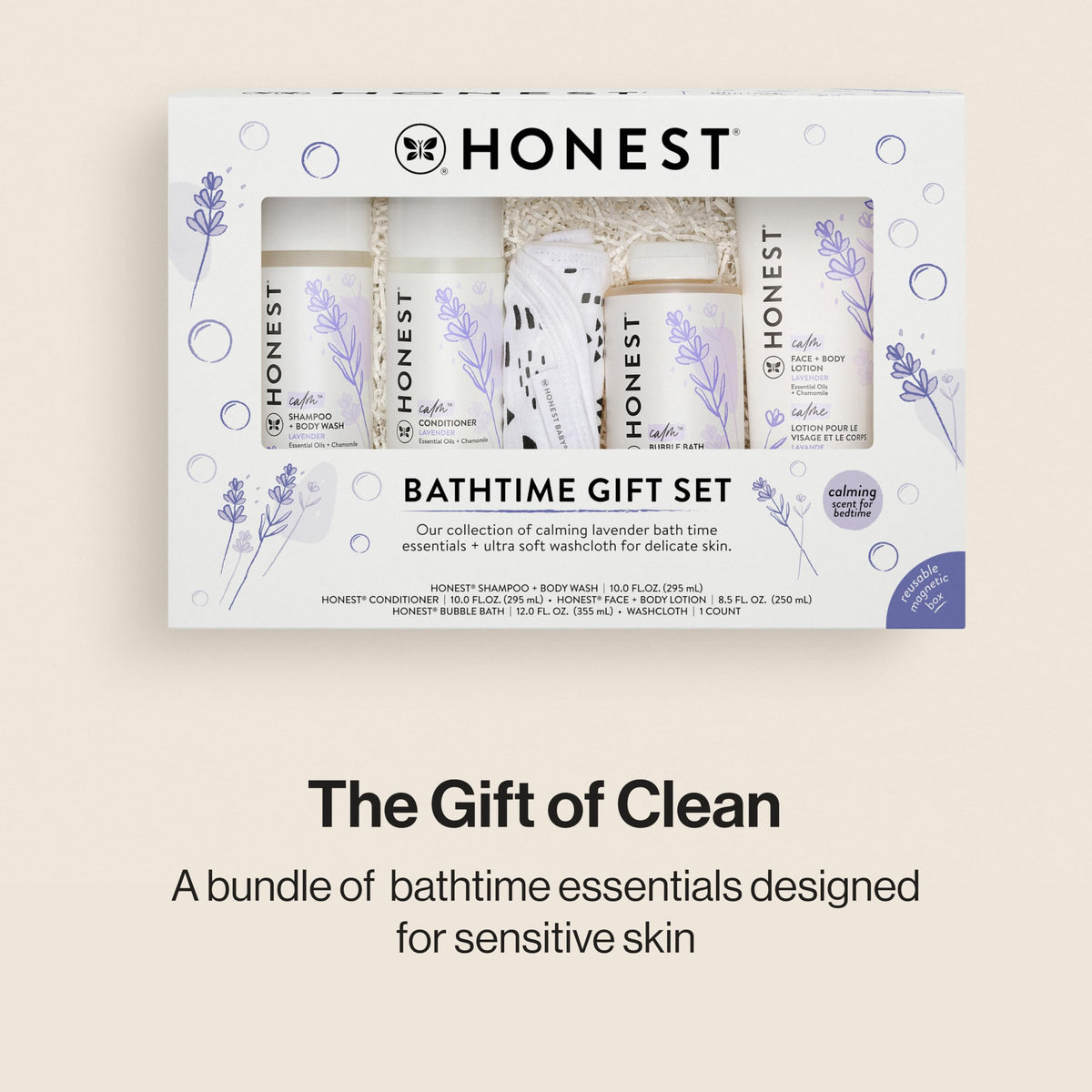 Honest lavender shampoo and body wash bottle with tear-free formula.