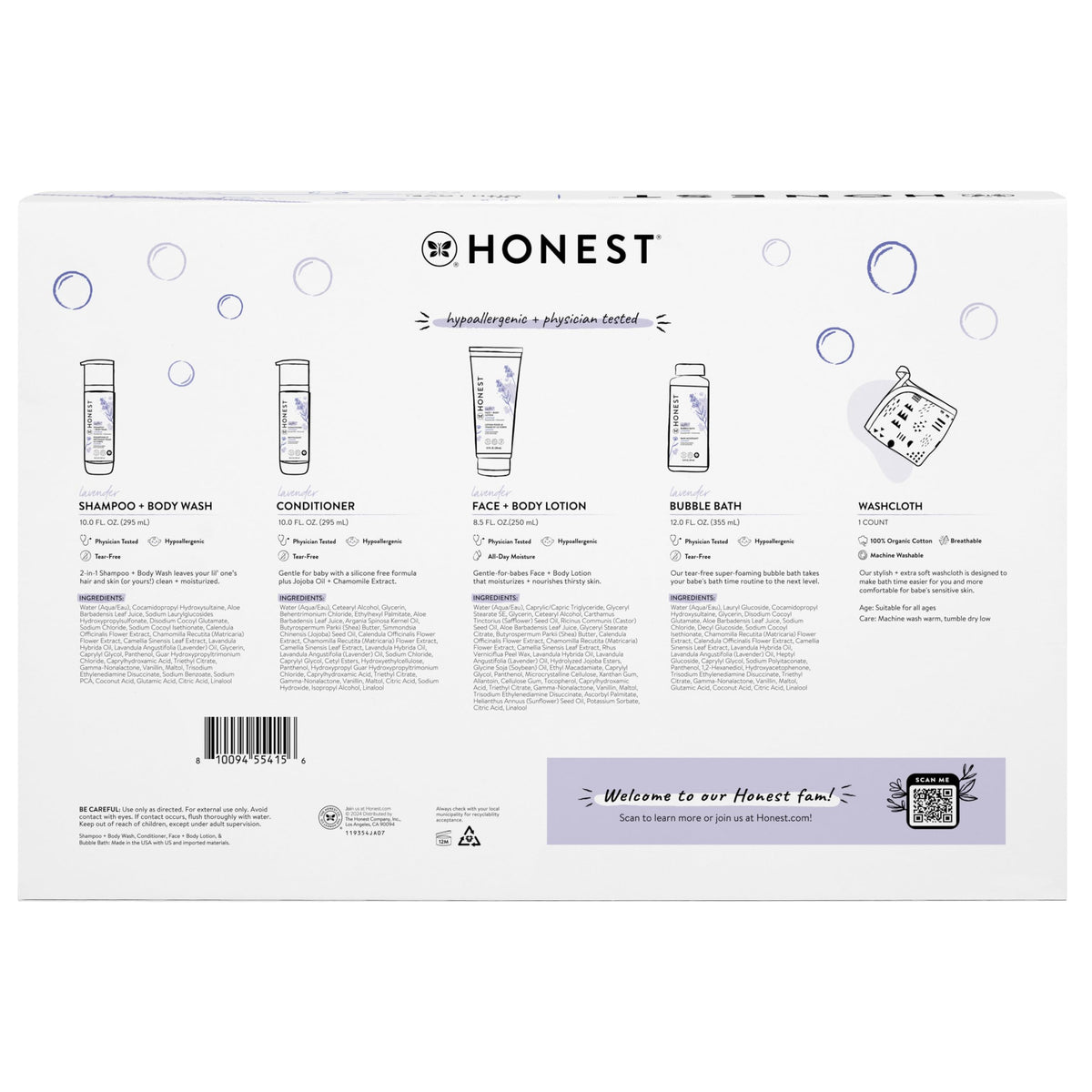 Honest pattern play wash cloth included for soothing bath-time touches.