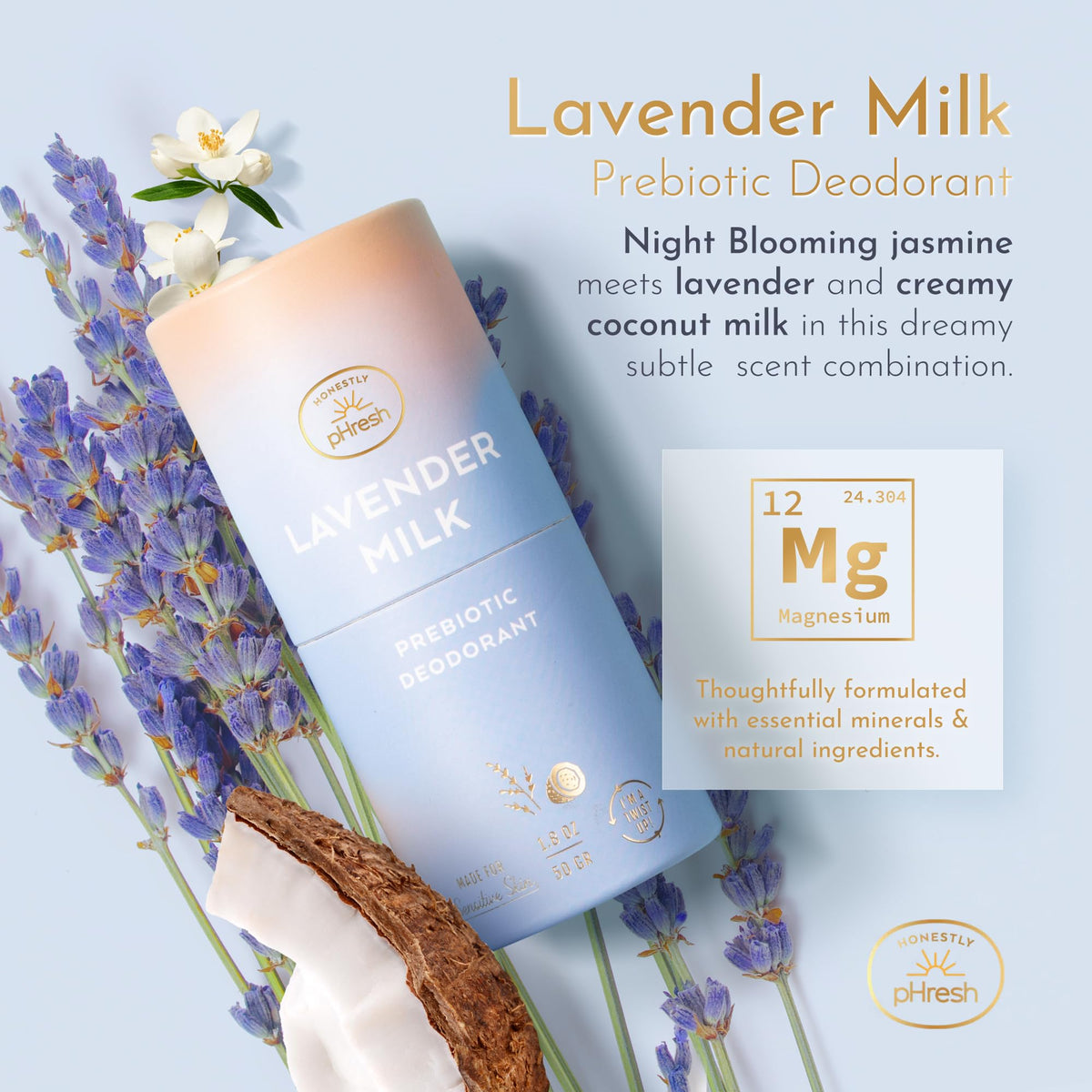 Close-up of Lavender Milk label highlights baking soda-free and aluminum-free formula
