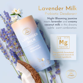 Close-up of Lavender Milk label highlights baking soda-free and aluminum-free formula