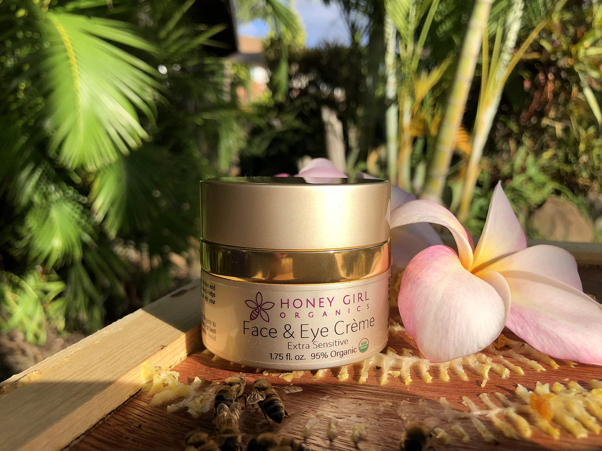 Honey Girl Organics Creme applied to face and eye area for soothing, sensitive skin.
