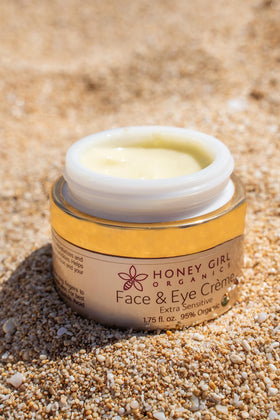Honey Girl Organics Extra Sensitive Creme jar highlights unscented formula for delicate skin.