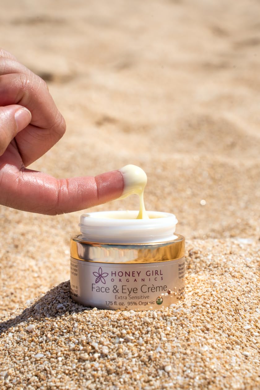 Honey Girl Organics Extra Sensitive Creme packaging shows compact jar for travel-friendly daily care.