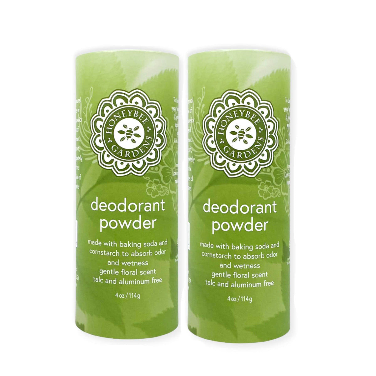 Honeybee Gardens Deodorant Powder bottle showing talc-free protection for daily wear.
