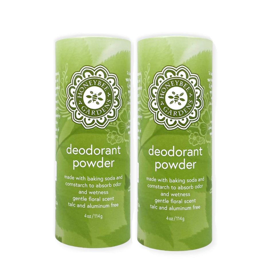 Honeybee Gardens Deodorant Powder bottle showing talc-free protection for daily wear.