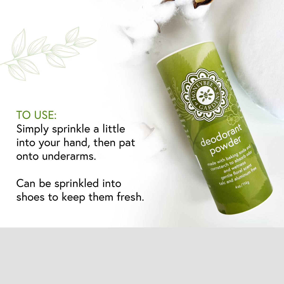 Honeybee Gardens Deodorant Powder ingredients highlight baking soda and cornstarch.