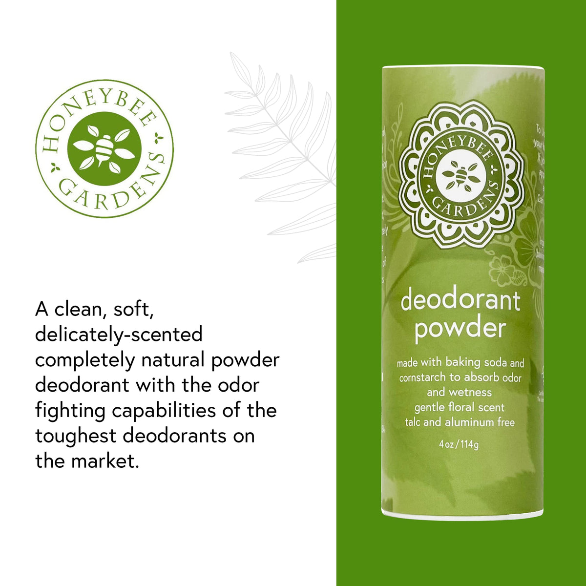 Honeybee Gardens Deodorant Powder packaging emphasizes eco-friendly tube and recyclable dispenser.
