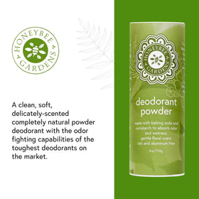 Honeybee Gardens Deodorant Powder packaging emphasizes eco-friendly tube and recyclable dispenser.