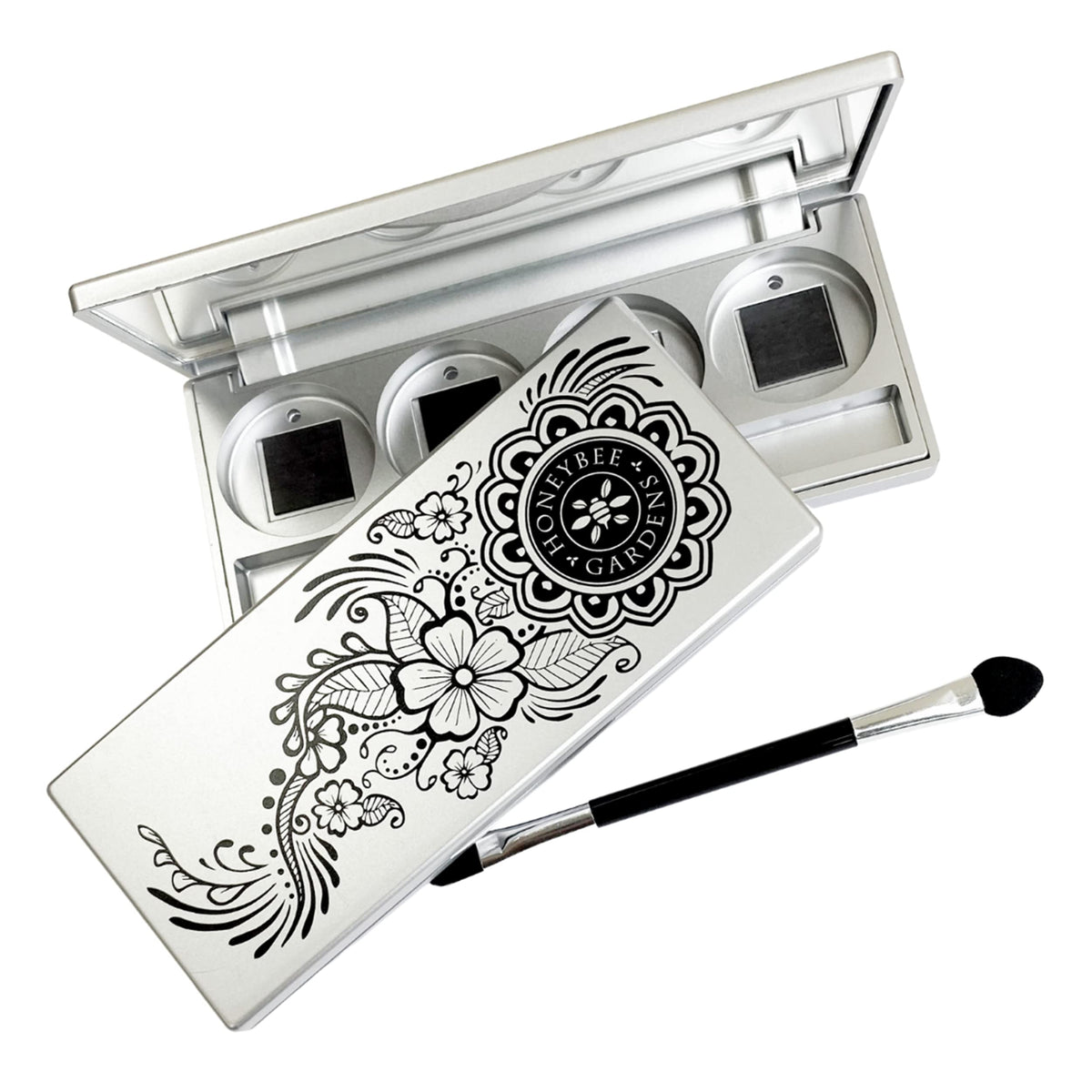 Honeybee Gardens refillable eyeshadow quad compact with magnetic base—holds four shades securely for travel.