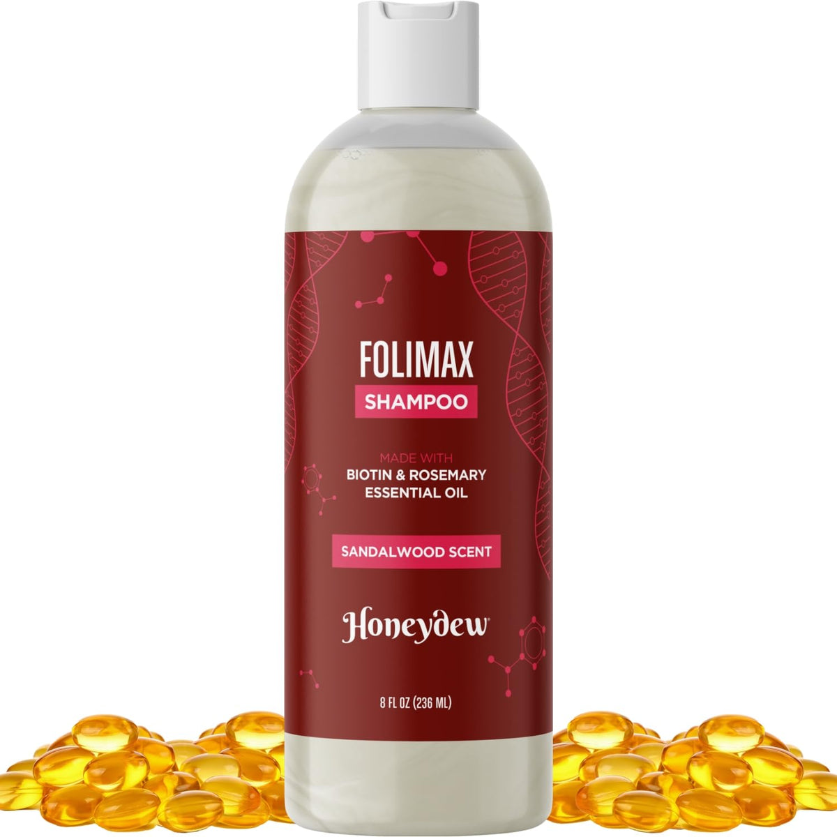 HONEYDEW Folimax Biotin Shampoo bottle illustrating volumizing formula for thinning hair.