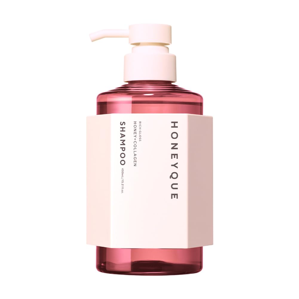 HONEYQUE Rich Gloss Honey + Collagen Shampoo bottle shows premium hydration and radiant shine.