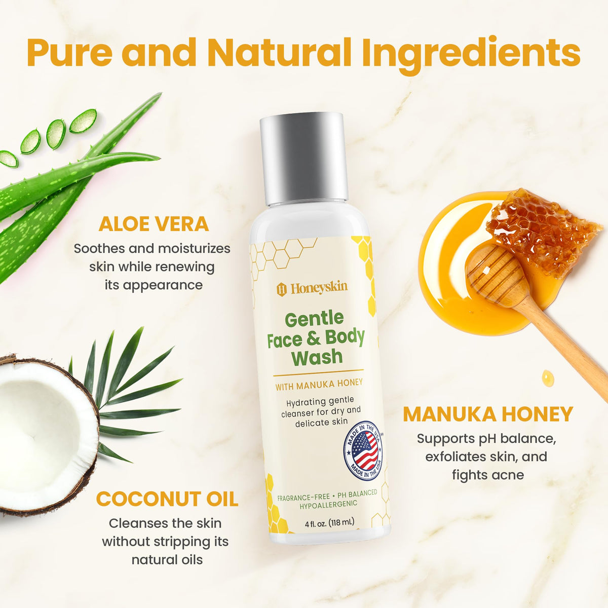 Honeyskin aloe-vera-cehami blend emphasizes soothing moisture for dry skin.