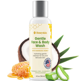 Honeyskin face and body wash bottle demonstrates fragrance-free, gentle cleansing for sensitive skin.