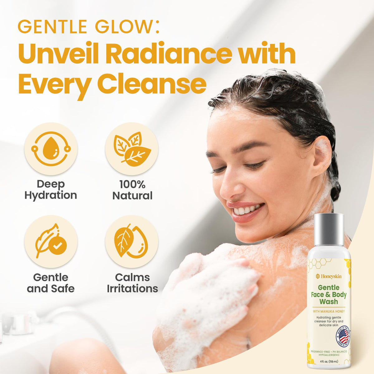 Honeyskin fragrance-free cleanser; a pH-balanced formula for all skin types.