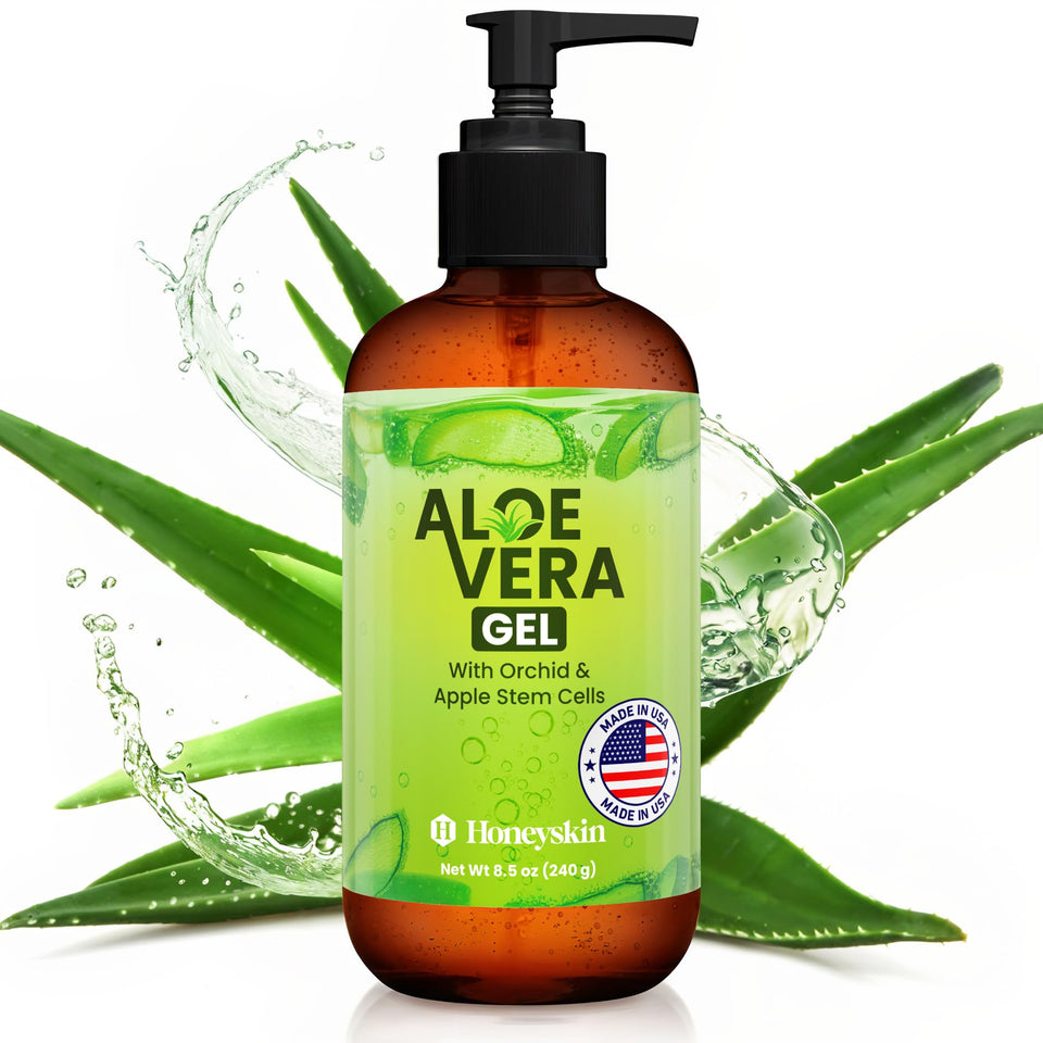 Honeyskin soothing aloe vera gel bottle used for sunburn and dry skin relief