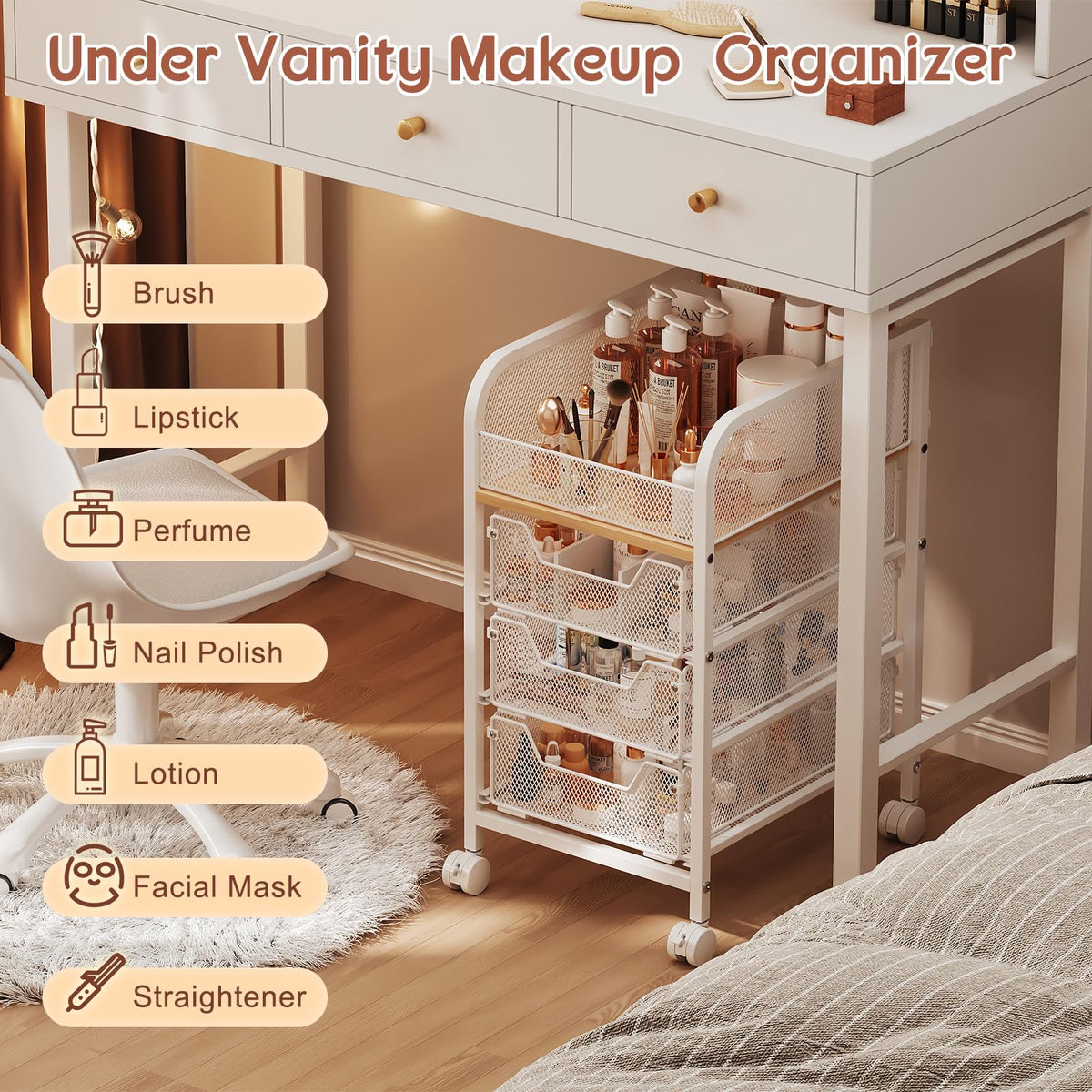 Hongtamoya compact cart fits under a dresser or in a small bathroom space.