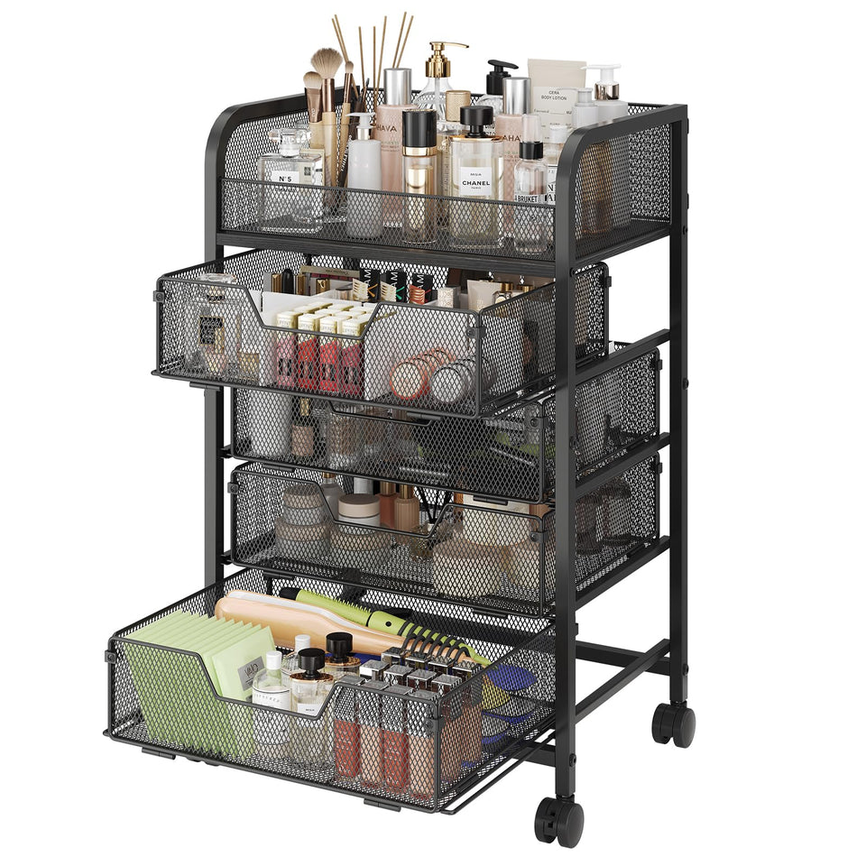Hongtamoya makeup cart with four drawers and top display for brushes.