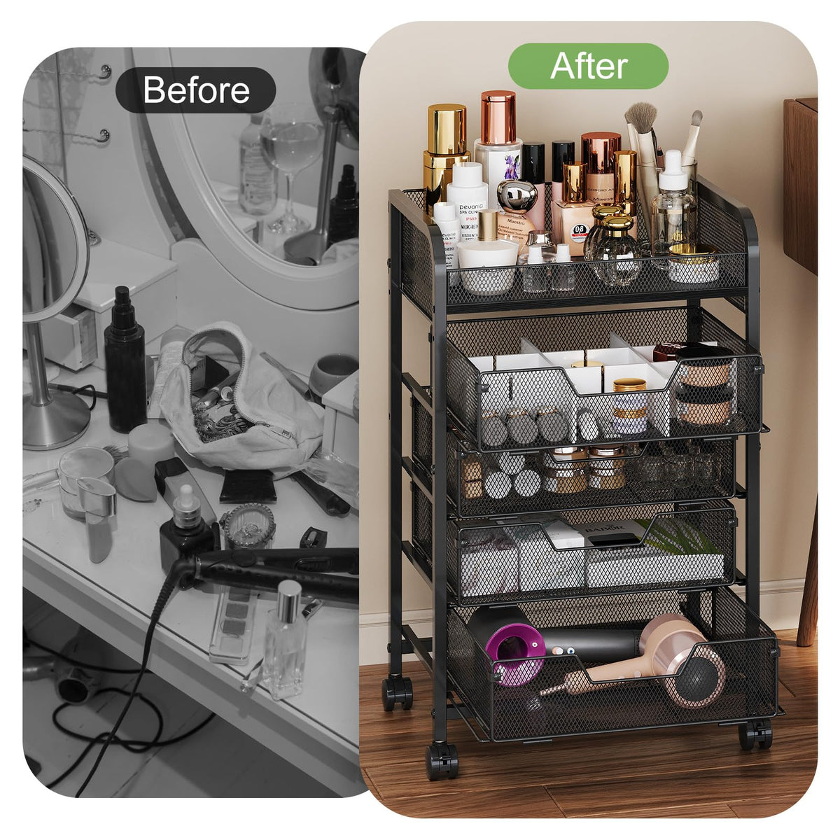 Hongtamoya vanity cart in bathroom setup keeps skincare organized.