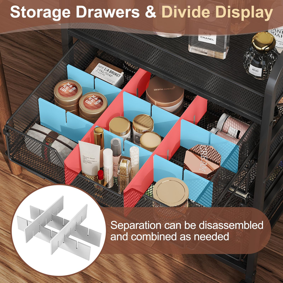 Hongtamoya rolling cart with drawers and dividers for organized cosmetics.