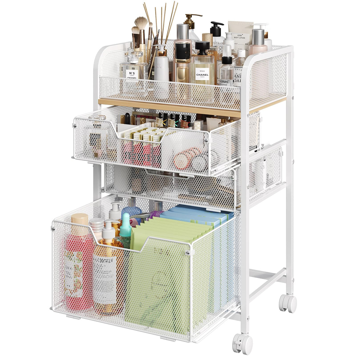 Hongtamoya makeup organizer cart with top display keeps brushes and skincare within easy reach