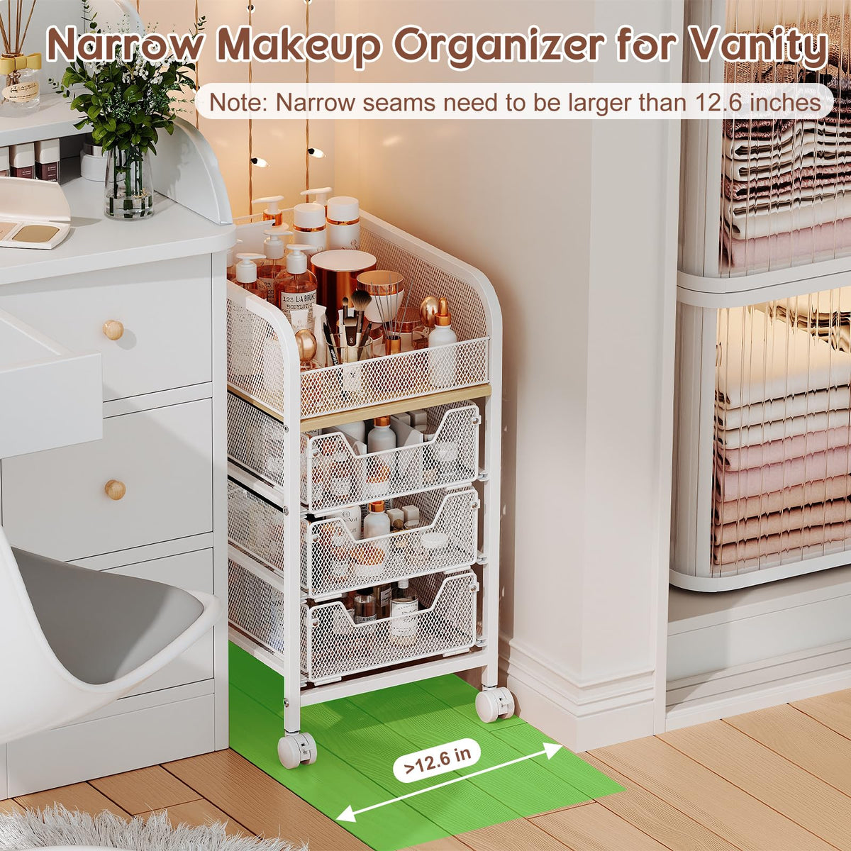 Hongtamoya narrow storage design fits under a dresser or beside a vanity.