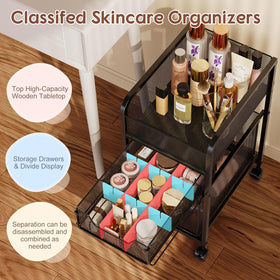 Hongtamoya rolling makeup cart with brakes for stable setup during use.