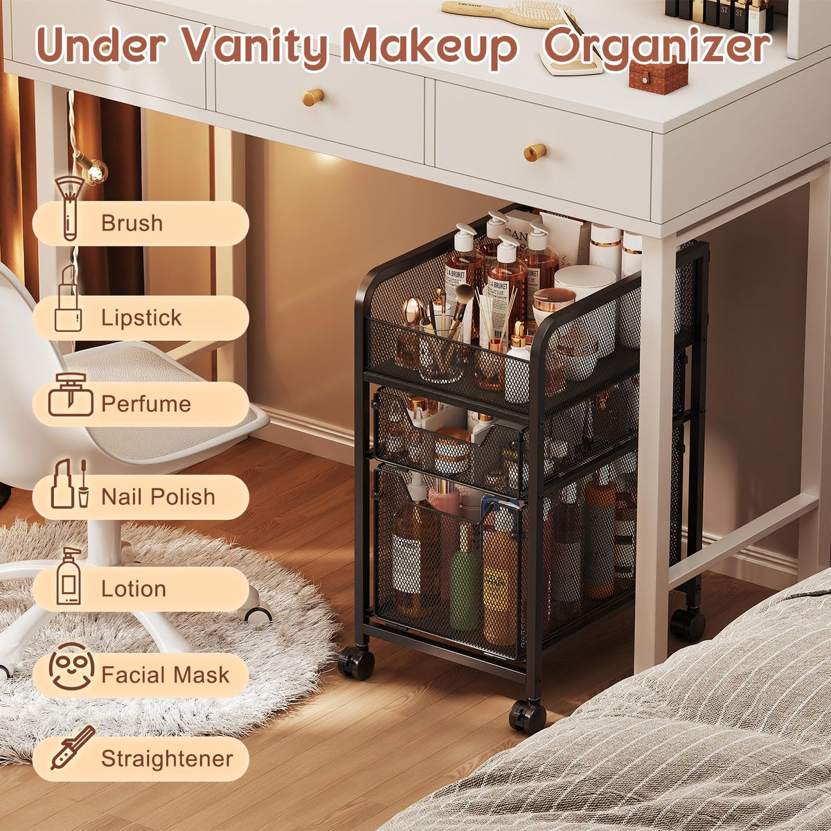 Hongtamoya rolling makeup cart compact design fits tight bathroom spaces.
