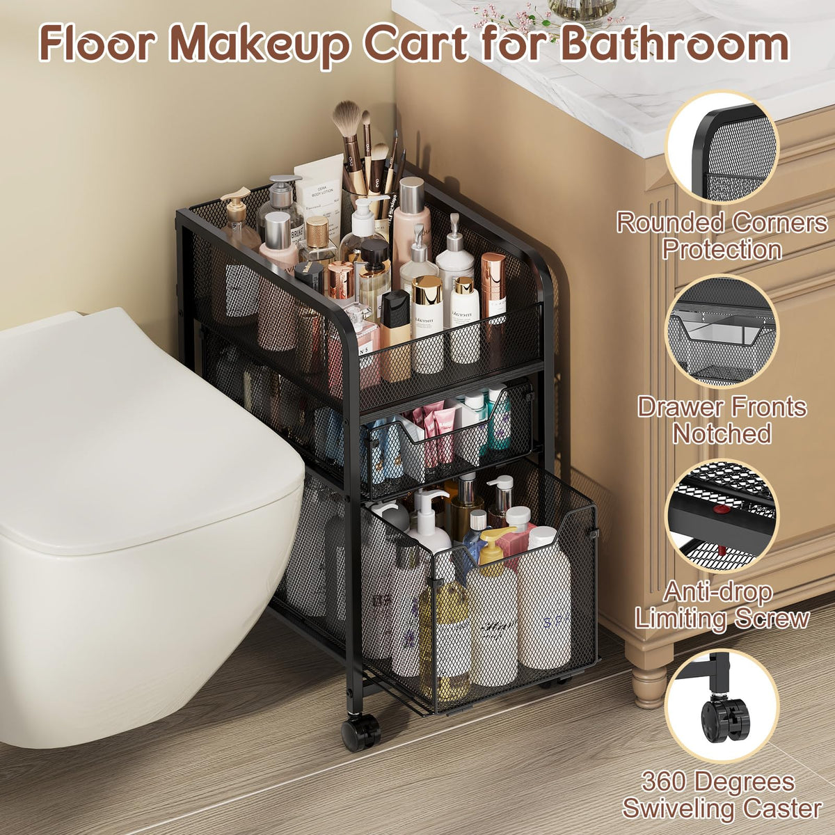 Hongtamoya rolling makeup cart drawer capacity demonstrates storage flexibility.