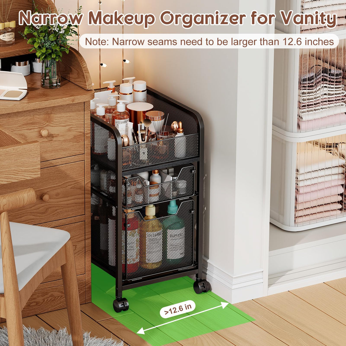 Hongtamoya rolling makeup cart drawer organization showing dividers for cosmetics.