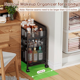 Hongtamoya rolling makeup cart drawer organization showing dividers for cosmetics.