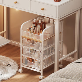 Hongtamoya rolling makeup cart with three drawers keeps cosmetics neatly organized for small spaces.