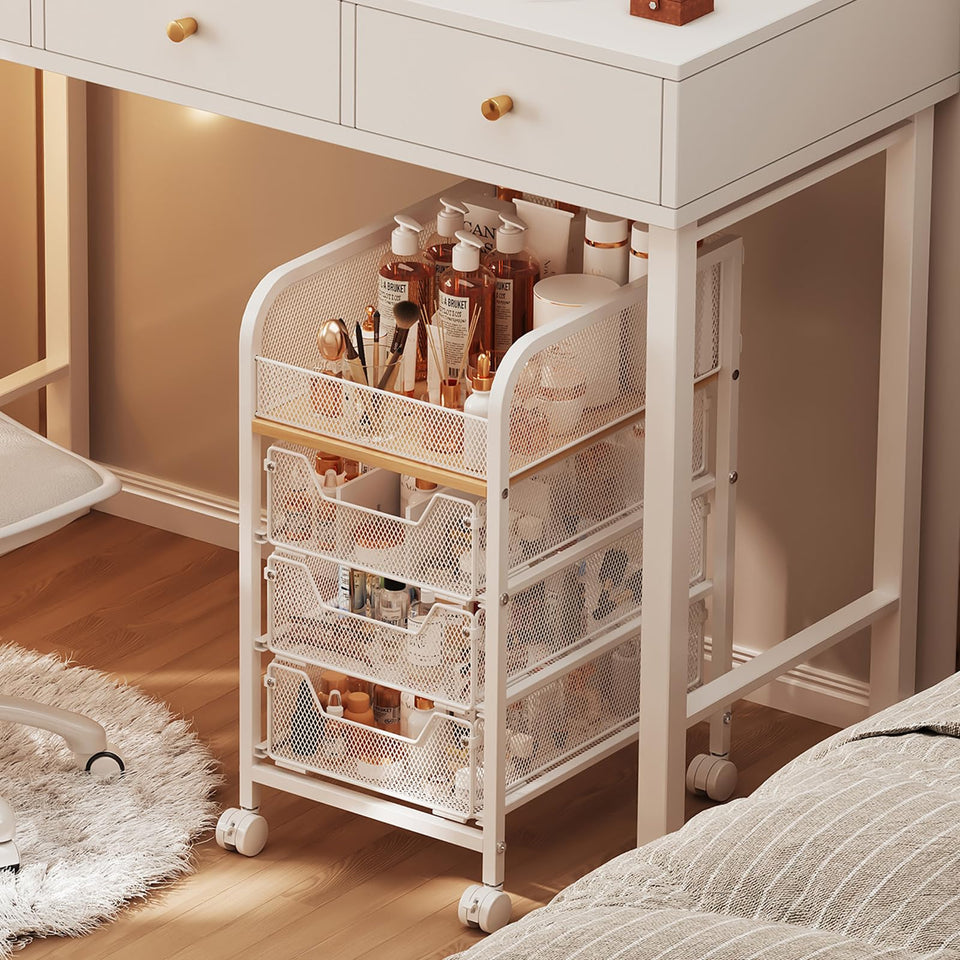 Hongtamoya rolling makeup cart with three drawers keeps cosmetics neatly organized for small spaces.