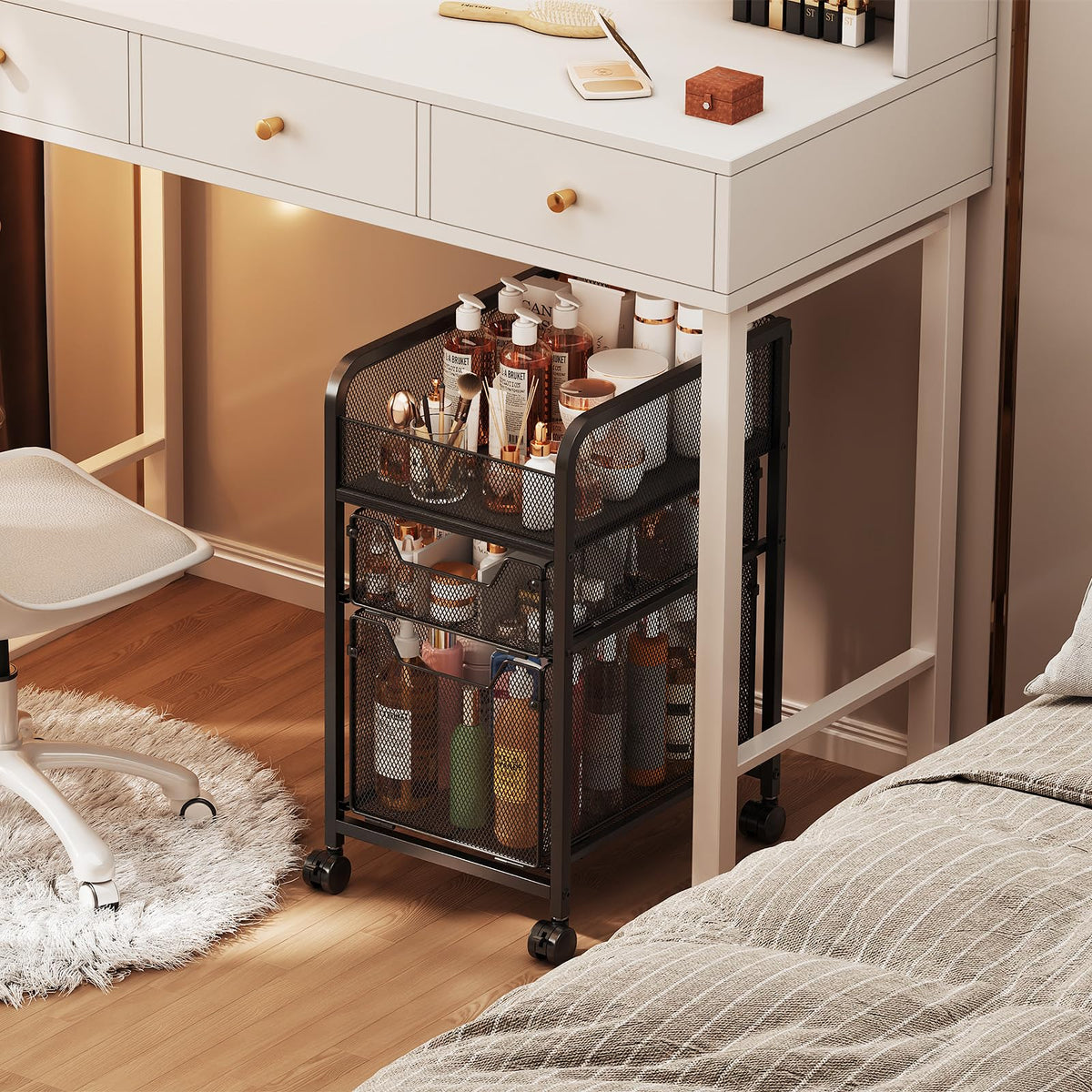 Hongtamoya rolling makeup cart front view, compact design ideal for small spaces.