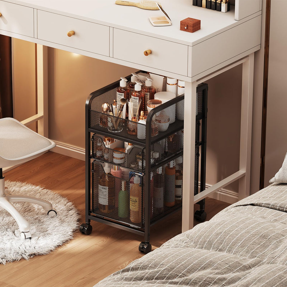 Hongtamoya rolling makeup cart front view, compact design ideal for small spaces.