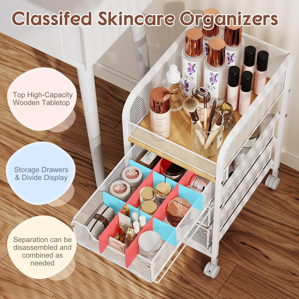 Hongtamoya vanity organizer used beside a mirror to tidy skincare and cosmetics.