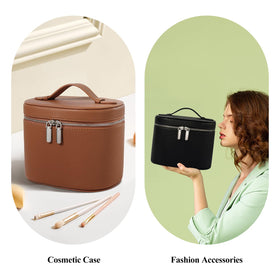 Honitty makeup bag keeps skincare bottles upright and secure during travel.