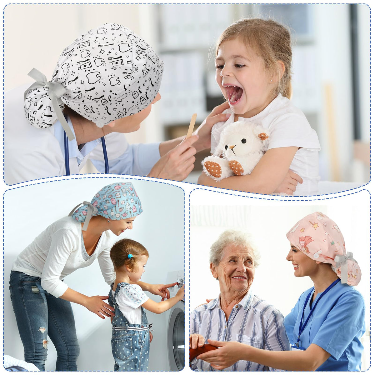 Honoson dental scrub cap with buttons and pony-tail back design for secure fit.
