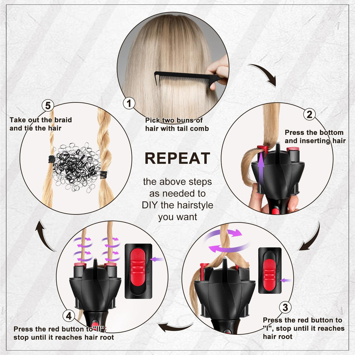 Honoson automatic braiding action demonstrates effortless two bun styling.