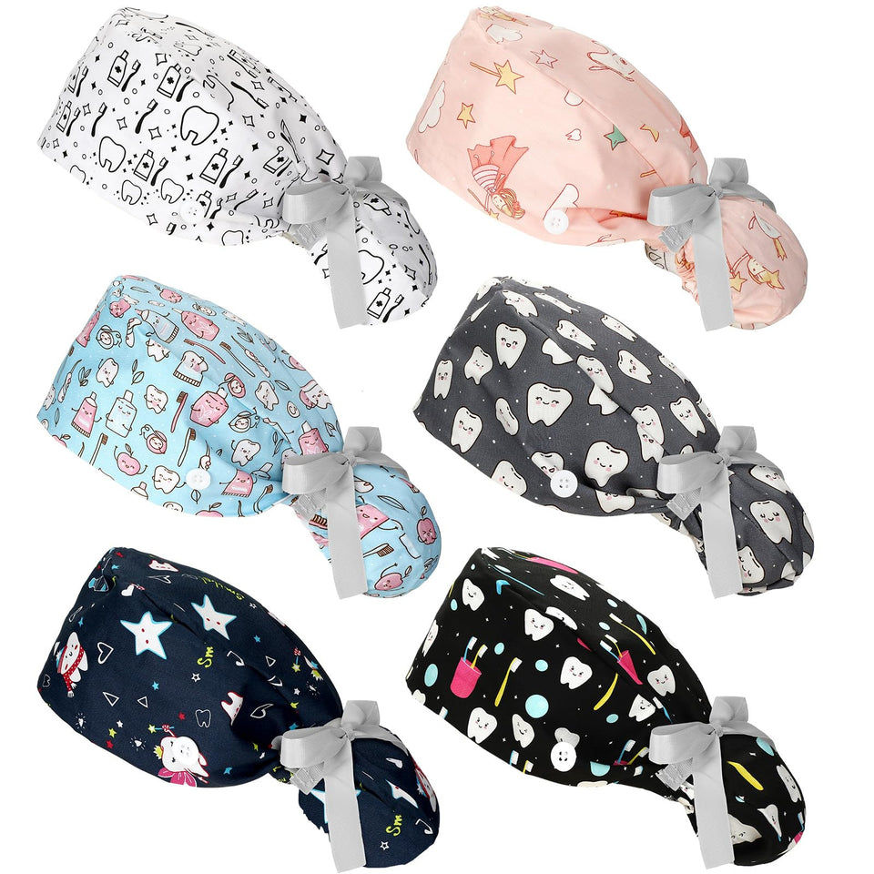 Honoson six-pack dental scrub caps with vivid patterns for all-day comfort.