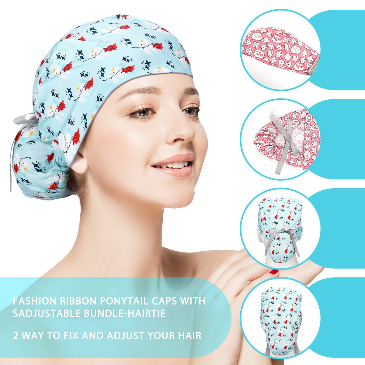 Honoson scrub cap with sweatband to help keep forehead dry while working.