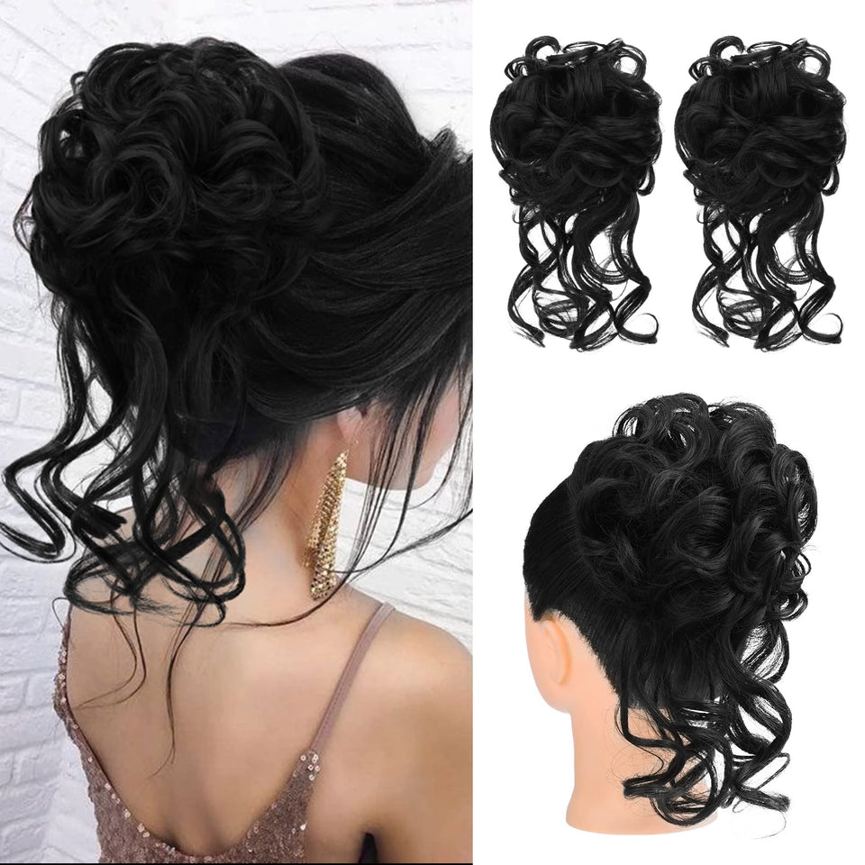 HOOJIH 2-pack messy bun hair piece in black with wavy curls for quick updo styling.