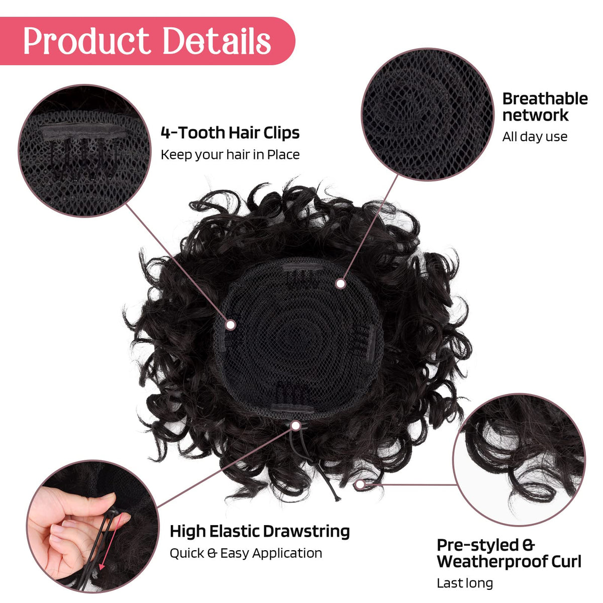 HOOJIH curly-bun-prestyled-fast-style close-up highlights effortless styling and ready-to-wear convenience.