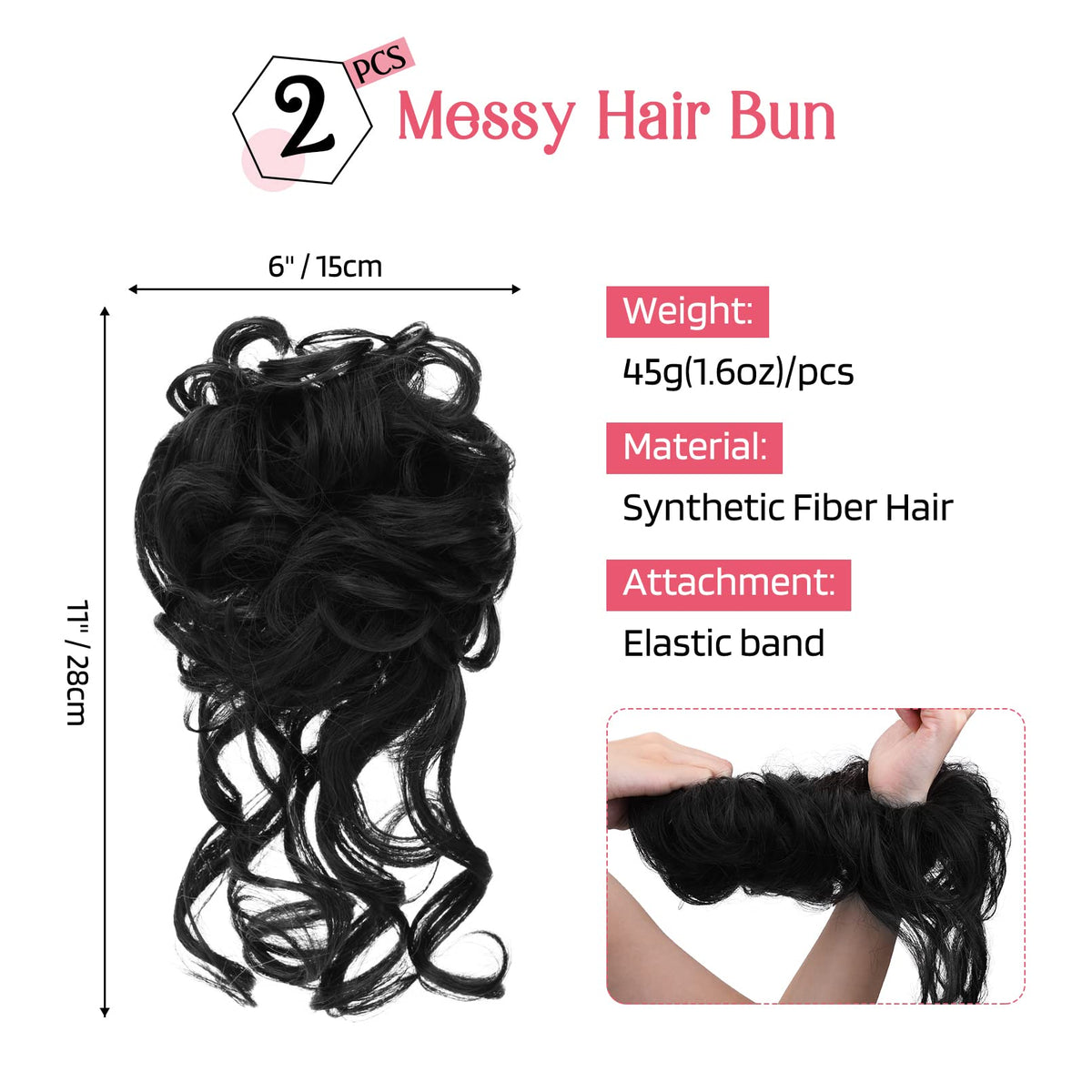 HOOJIH messy bun closeup in black highlighting textured waves for a natural look.
