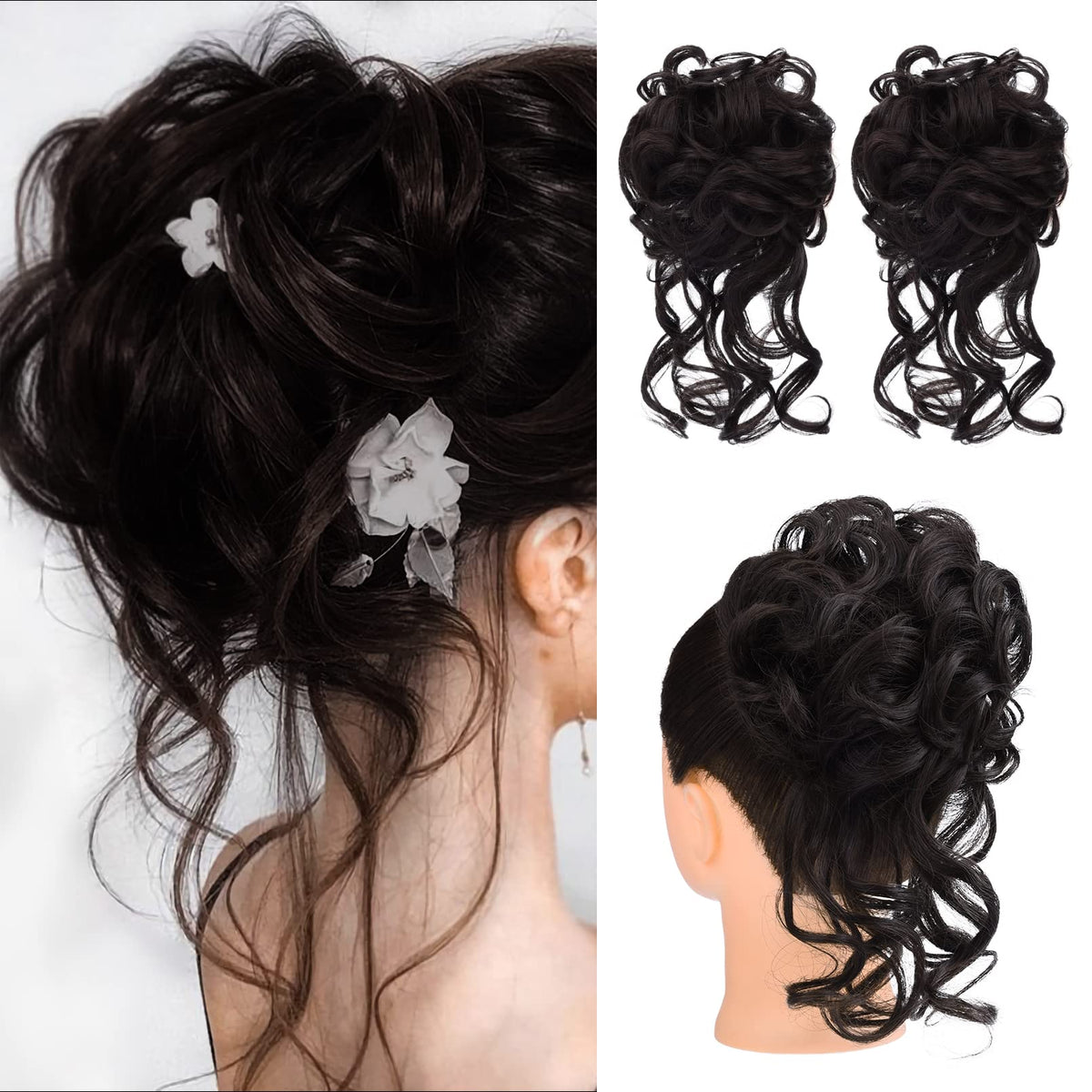 HOOJIH messy bun hair piece packaging display for quick styling on busy mornings